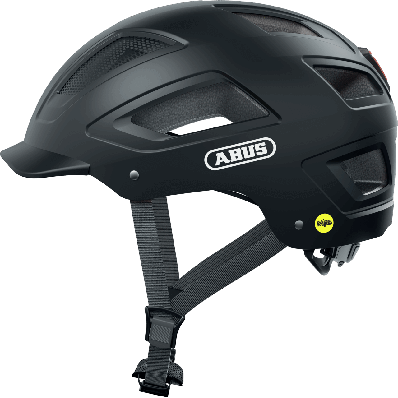 Ein schwarzer Abus Hyban 2.0 MIPS-Fahrradhelm mit Mesh-Belüftungseinsätzen, verstellbaren Riemen und einem MIPS-Sicherheitssystem-Logo im hinteren Bereich ist in der Seitenansicht zu sehen.