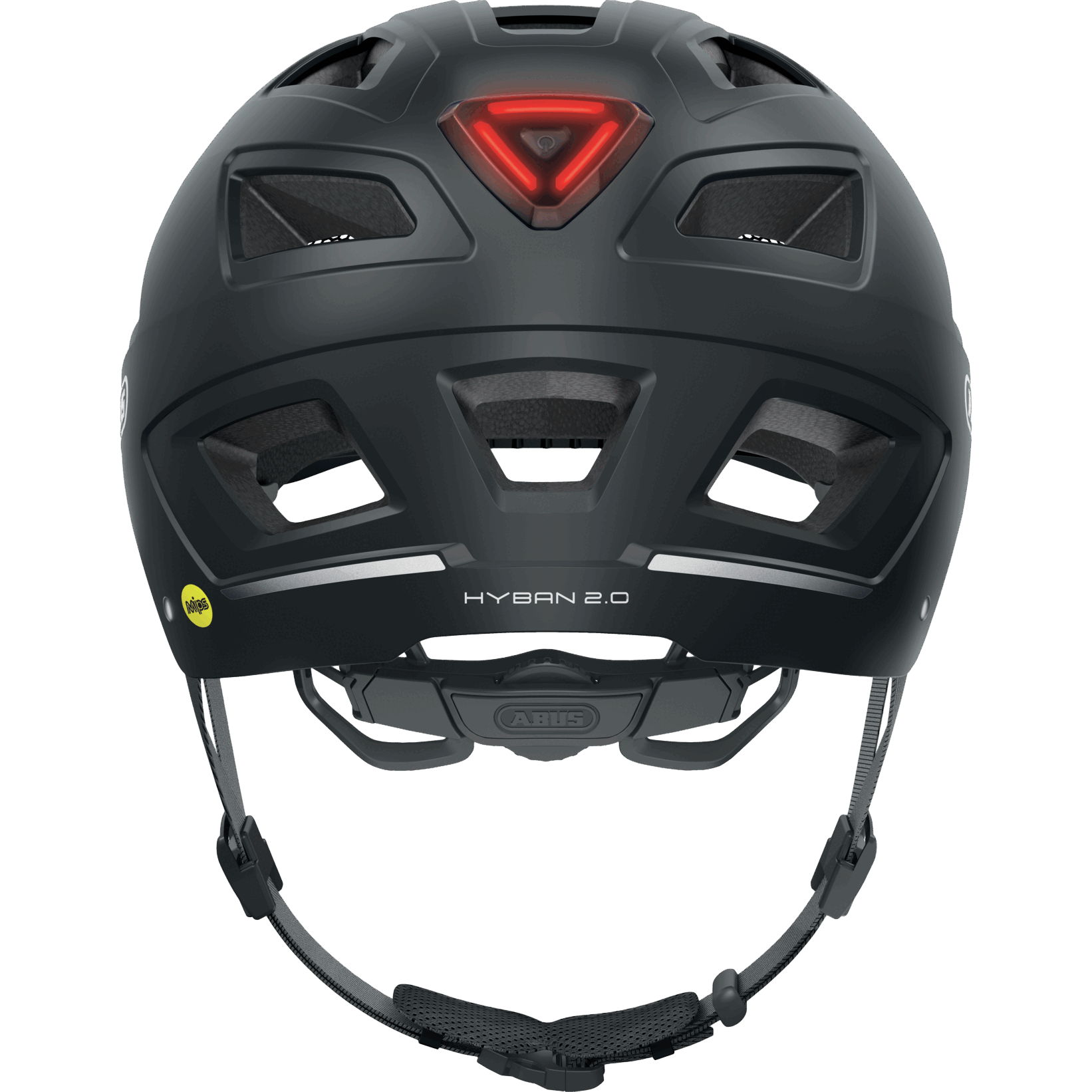 Ein schwarzer Abus - Hyban 2.0 Mips Helm, von hinten gesehen, verfügt über mehrere Belüftungsöffnungen, ein rotes dreieckiges LED-Rücklicht, einen gelben Aufkleber auf der linken Seite und "HYBAN 2.0" in Weiß auf der Rückseite.