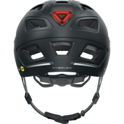 Ein schwarzer Abus - Hyban 2.0 Mips Helm, von hinten gesehen, verfügt über mehrere Belüftungsöffnungen, ein rotes dreieckiges LED-Rücklicht, einen gelben Aufkleber auf der linken Seite und "HYBAN 2.0" in Weiß auf der Rückseite.
