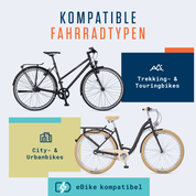 Abgebildet sind zwei Fahrradtypen: Trekking & Touring (oben) und City & Urban (unten), beide E-Bike-kompatibel - ideal für Fahrräder mit Alphatrail Schläuche Rick - 28" Tour AV Butyl Fahrradschlauch mit Auto-Ventil. Design mit blauen, gelben und orangen Blöcken.