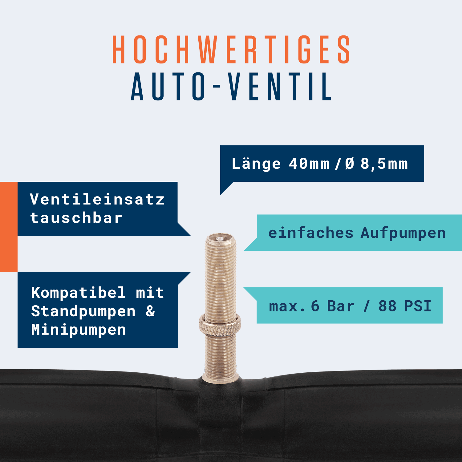 Schema der Alphatrail Schläuche Rick - 28" Tour AV von Alphatrail, mit einem Metallventilschaft (40mm Länge, 8,5mm Durchmesser), unterstützt bis zu 6 bar/88 PSI, pumpentauglich, passend für Butyl Fahrradschlauch, mit austauschbarem Kern.