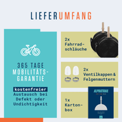 Infografik zum Alphatrail Schläuche Rick - 28" Tour AV Set: enthält 2 Butylschläuche mit Auto-Ventil, 2 Ventilkappen mit Kontermuttern, Karton und die 365-Tage-Garantie von Alphatrail auf kostenlosen Ersatz bei Defekten oder Undichtigkeiten.