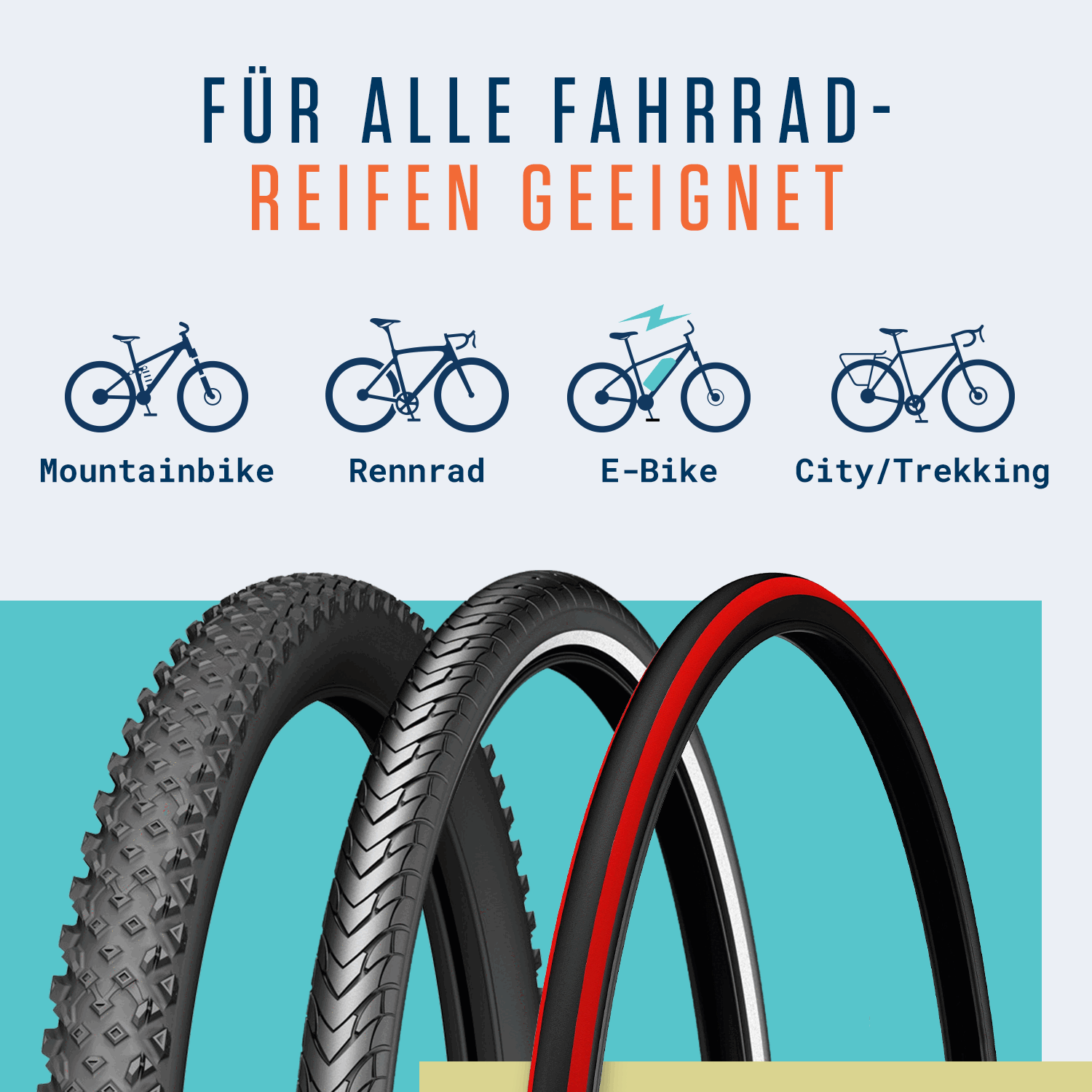 Abbildung zeigt Icons für Mountainbike, Rennrad, E-Bike & City/Trekkingbike über drei Reifentypen mit dem Text "Für alle Fahrradreifen geeignet". Highlights Alphatrail Reifenheber Oscar-ergonomischer Reifenheber mit Aluminiumkern von Alphatrail.