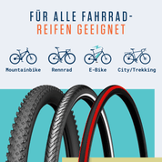 Abbildung zeigt Icons für Mountainbike, Rennrad, E-Bike & City/Trekkingbike über drei Reifentypen mit dem Text "Für alle Fahrradreifen geeignet". Highlights Alphatrail Reifenheber Oscar-ergonomischer Reifenheber mit Aluminiumkern von Alphatrail.