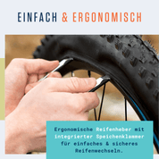 Nahaufnahme der Hände beim Gebrauch des Alphatrail Reifenhebers Oscar mit ergonomischem Griff und integriertem Speichenclip, der von Alphatrail für die einfache und sichere Demontage von Fahrradreifen entwickelt wurde. Der deutsche Text betont den Komfort und die Haltbarkeit des Aluminiumkerns.