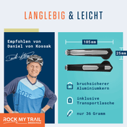 Ein lächelnder Mann in Radfahrerkleidung steht neben einem Text, der den Alphatrail Reifenheber Oscar empfiehlt, ein leichtes, ergonomisches Fahrradwerkzeug von Alphatrail mit bruchsicherem Alu-Kern, Transporttasche, 36g Gewicht und 105x25mm Größe. Rock My Trail Bikeschule-Logo am Boden.