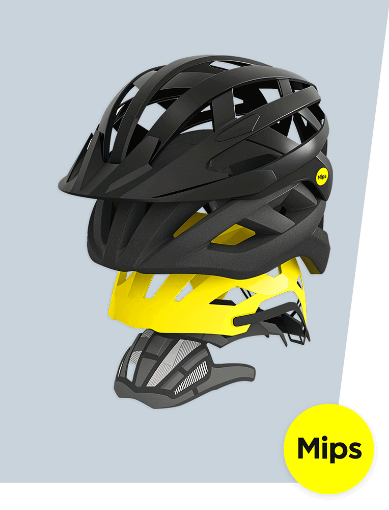 Explosionszeichnung eines schwarzen Fahrradhelms mit gelber MIPS-Innenschicht und grauer Polsterung, die das mehrschichtige Schutzsystem des Helms veranschaulicht. In der rechten unteren Ecke befindet sich ein gelber Kreis mit dem Text "Mips".
