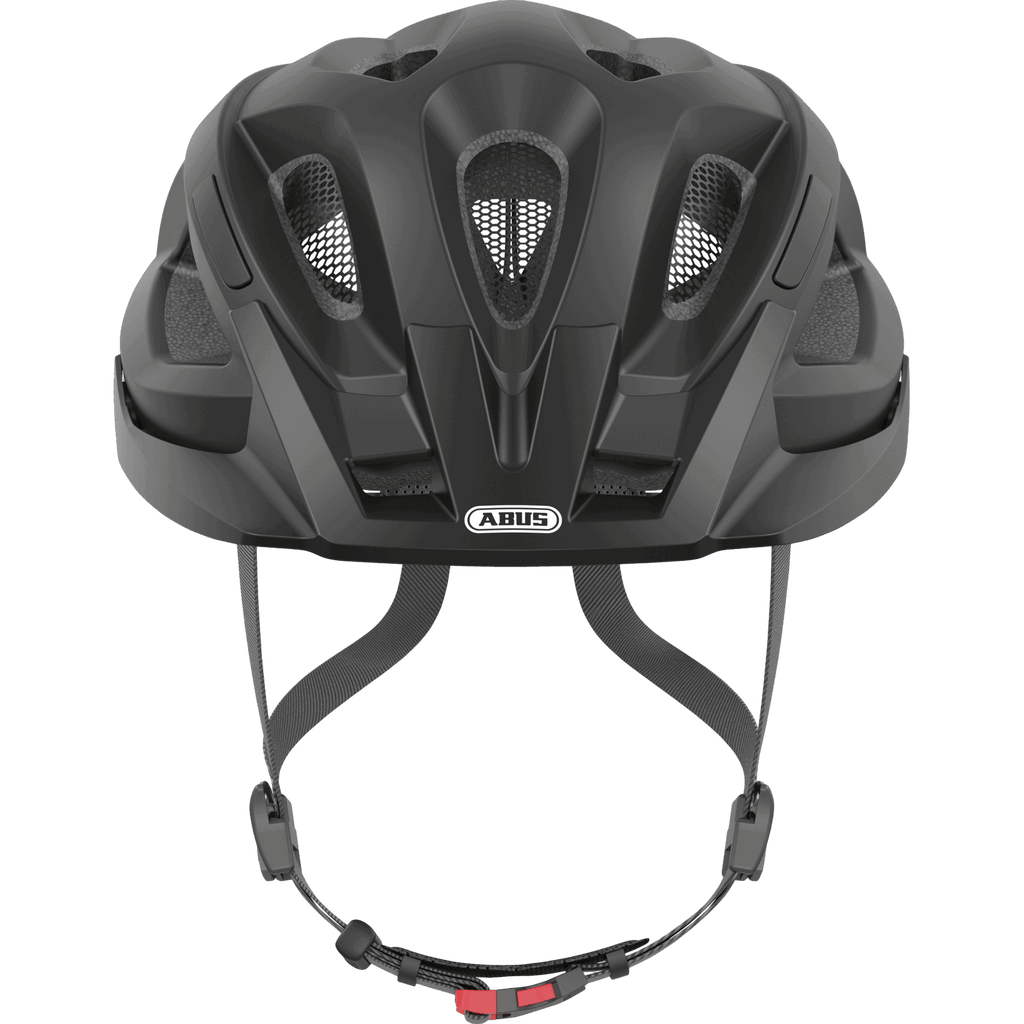 Der Abus Aduro 2.0, ein schwarzer Fahrradhelm mit mehreren Belüftungsöffnungen, verstellbaren Riemen und einer roten Schnalle von Abus, wird von vorne vor einem grauen Hintergrund gezeigt.