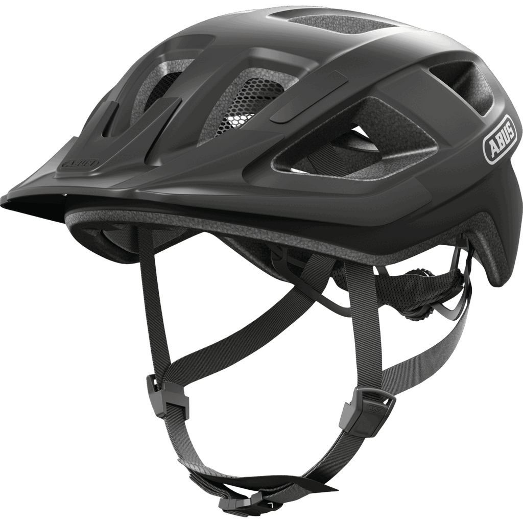 Der Abus Aduro 3.0 LED ist ein schwarzer Fahrradhelm mit optimierter Belüftung, mehreren Belüftungsöffnungen, einem verstellbaren Riemen und dem Abus-Logo an der Seite.
