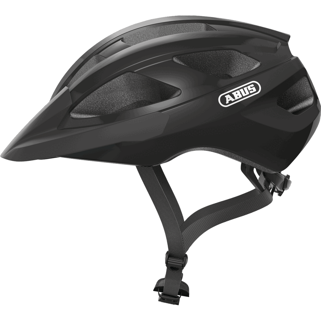 Der Abus Macator von Abus ist ein schwarzer Fahrradhelm mit großen Belüftungsöffnungen, verstellbaren Riemen, einem pferdeschwanzfreundlichen Design und einer aerodynamischen In-Mold-Konstruktion (von der Seite).
