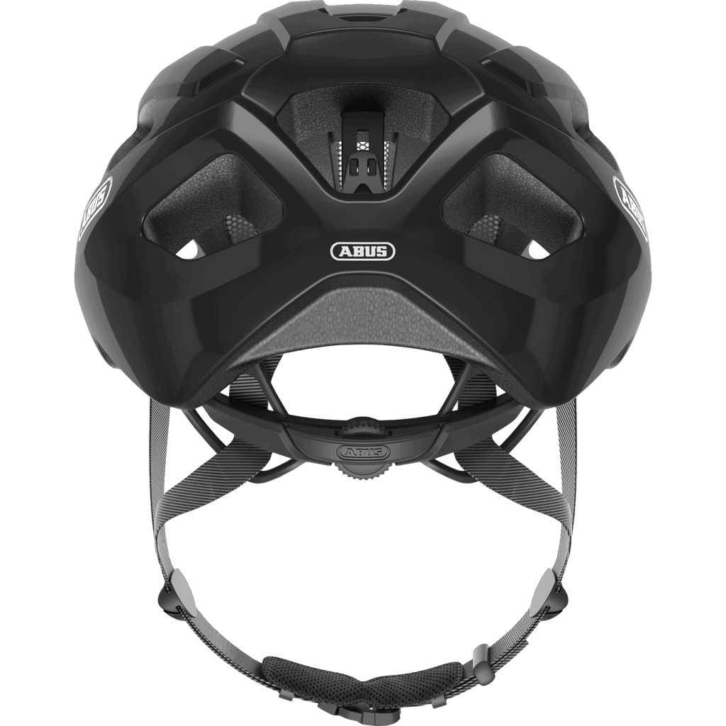 Rückansicht des Abus - Macator Fahrradhelms in schwarz von Abus, mit In-Mold Konstruktion, Belüftungsöffnungen, Innenpolsterung, verstellbarem Haltebügel, Kinnriemen und einem Zopf-kompatiblen Design.