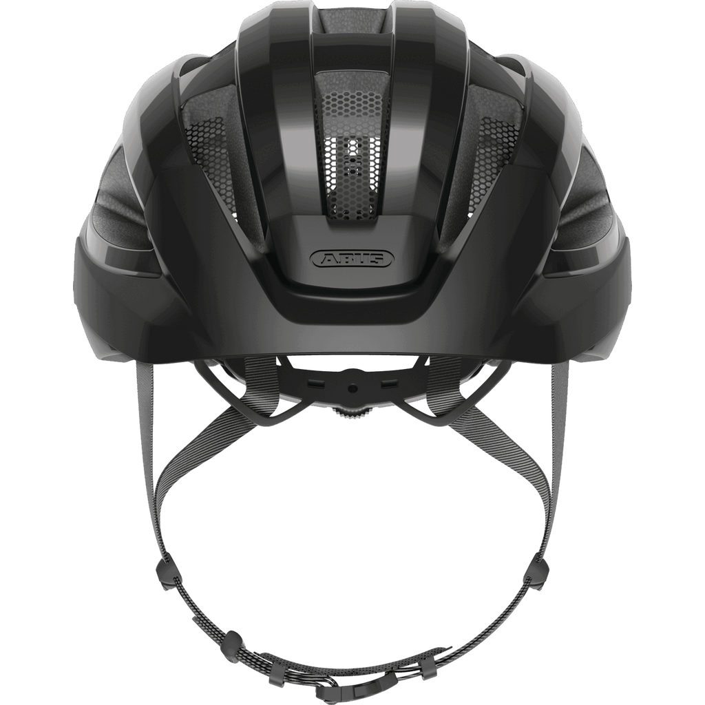 Vorderansicht des Abus - Macator Mips schwarzer Fahrradhelm mit belüftetem Design, verstellbaren Riemen und zentriertem Abus-Logo. Verfügt über Zopf-kompatiblen Verschleiß und optionale MIPS Safety-System Integration.