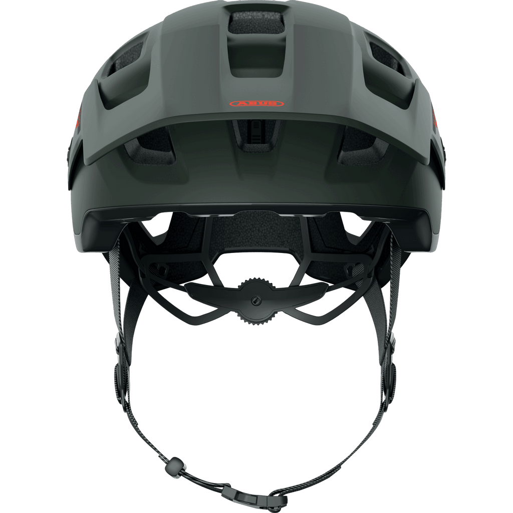Der Abus Modrop ist ein matt dunkelgrüner MTB-Helm mit Belüftungsöffnungen an der Vorderseite, verstellbaren Riemen, gepolstertem Innenraum für mehr Komfort und QUIN ready-Technologie für mehr Sicherheit.