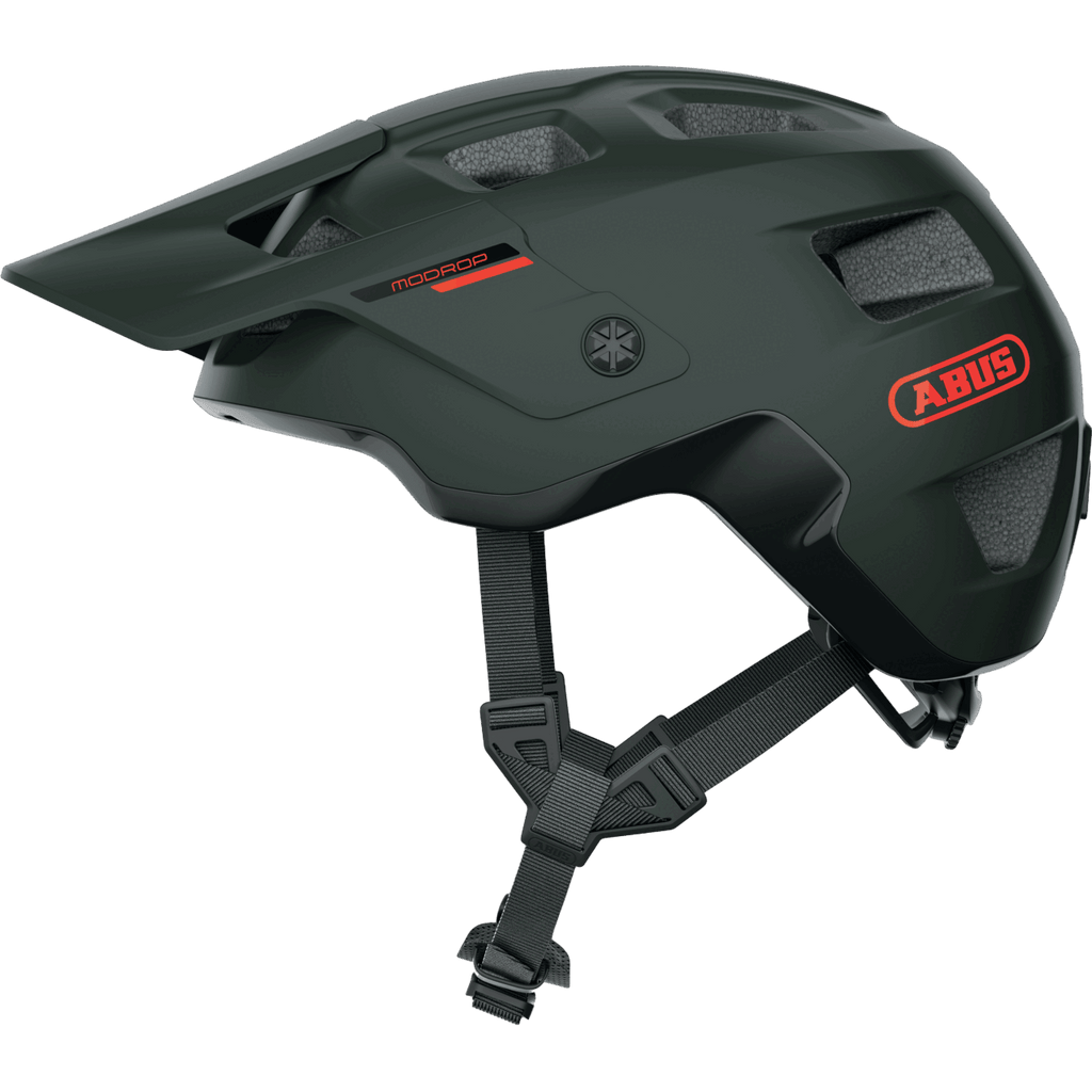 Der Abus - Modrop MTB-Helm in mattem Schwarz mit rotem Logo ist QUIN ready, verfügt über verstellbare Kinnriemen, GoggFit-Seitenbelüftung und ein Frontvisier - hier im Seitenprofil.