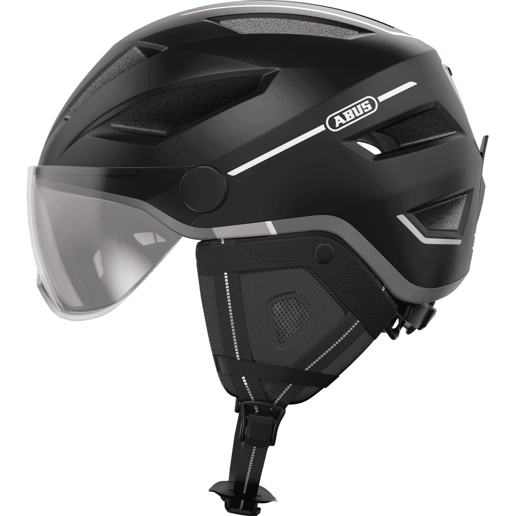 Der Abus Pedelec 2.0 ACE ist ein mattschwarzer E-Bike-Helm mit klarem Visier, Belüftungsschlitzen, Reflexstreifen, gepolsterten Ohrenschützern und einer praktischen Regenhülle - für Sicherheit und Komfort bei jedem Wetter.