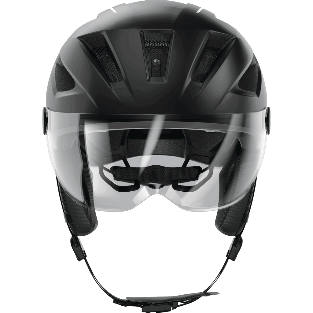 Vorderansicht des Abus - Pedelec 2.0 ACE E-Bike-Helms von Abus in Schwarz, mit integriertem Klarsichtvisier, verstellbarem Kinnriemen, Belüftungsöffnungen, Innenpolsterung für Komfort und Sicherheit sowie optionaler Regenhülle für nasses Wetter.