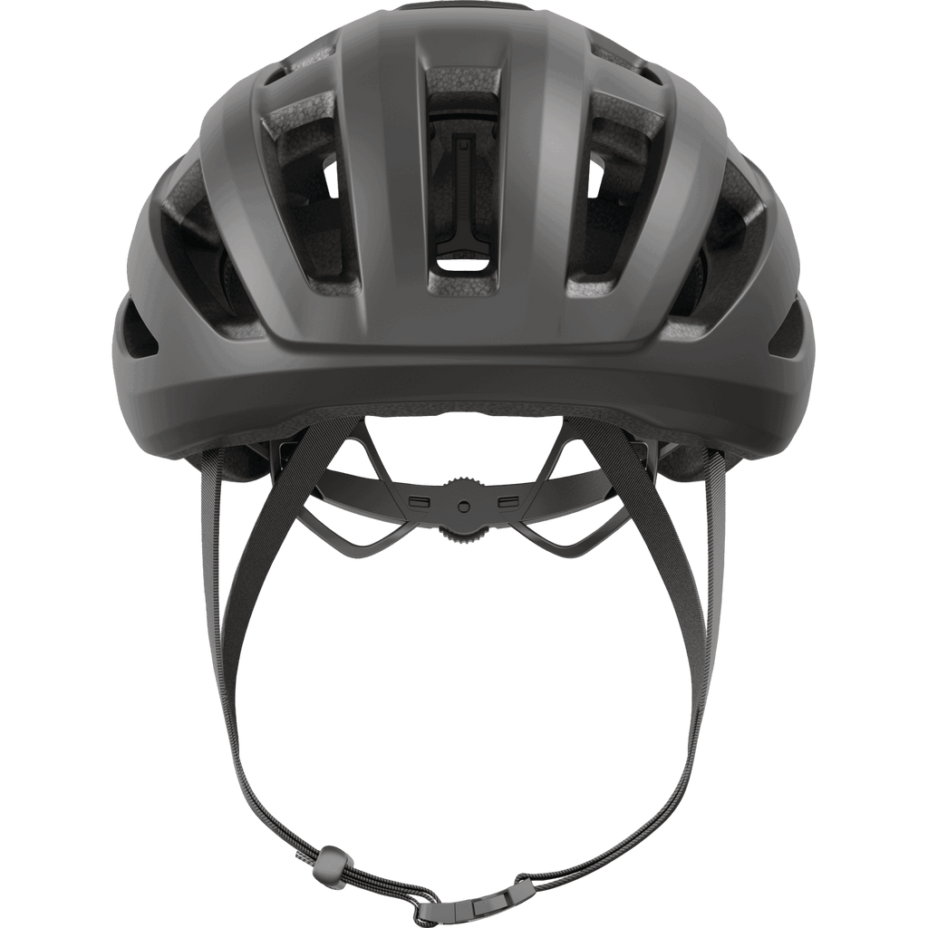 Der Abus Powerdome ist ein schwarzer Rennradhelm mit Aero-Profil-Design, Belüftungsschlitzen an der Oberseite, verstellbaren Riemen und einer sicheren Schnalle, hier von vorne.