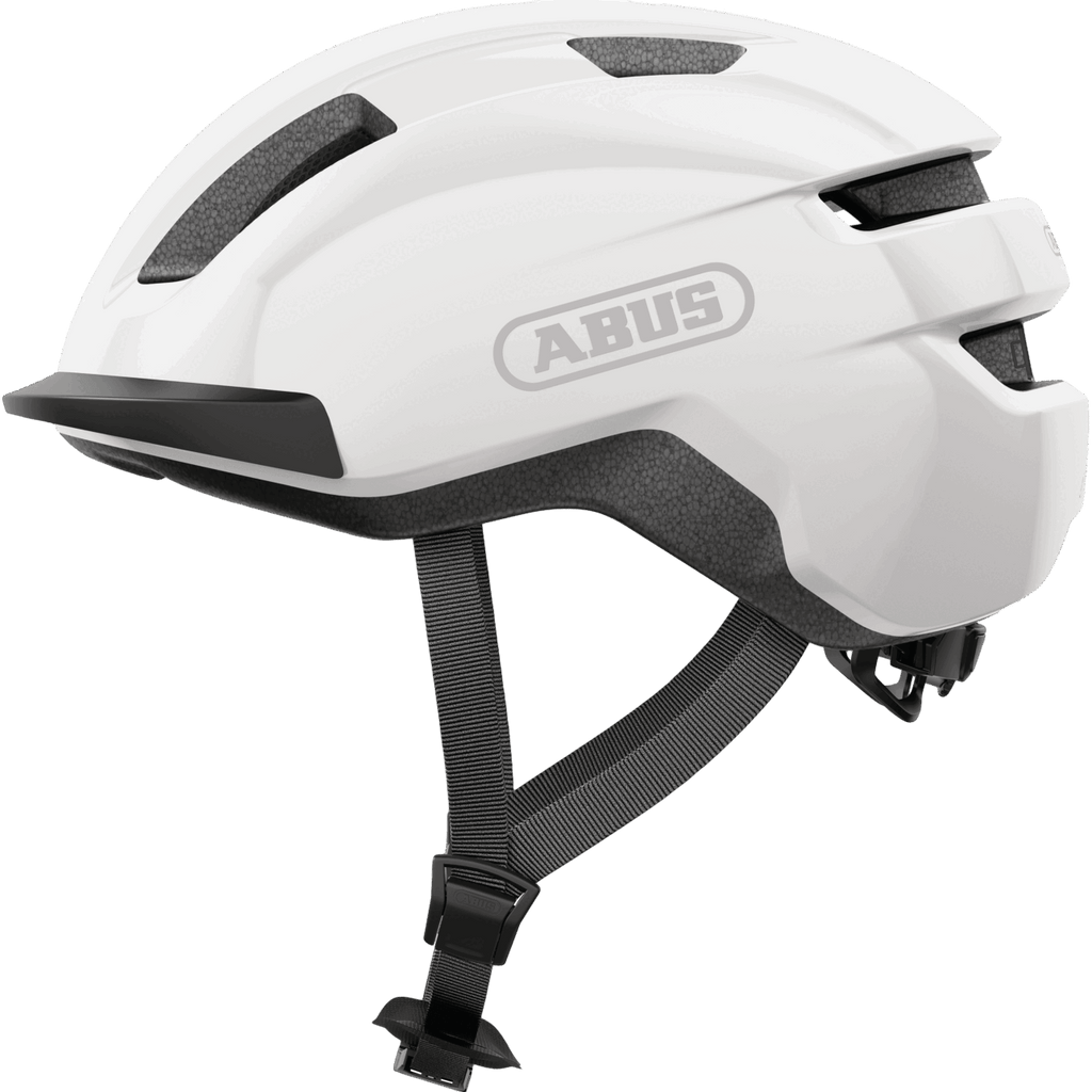 Der Abus - Purl-Y ist ein weißer Fahrradhelm von Abus mit schwarzen Riemen, mehreren Belüftungsöffnungen und einem pferdeschwanzfreundlichen (zopf-kompatiblen) Design. Abgebildet von der Seite auf einem transparenten Hintergrund.