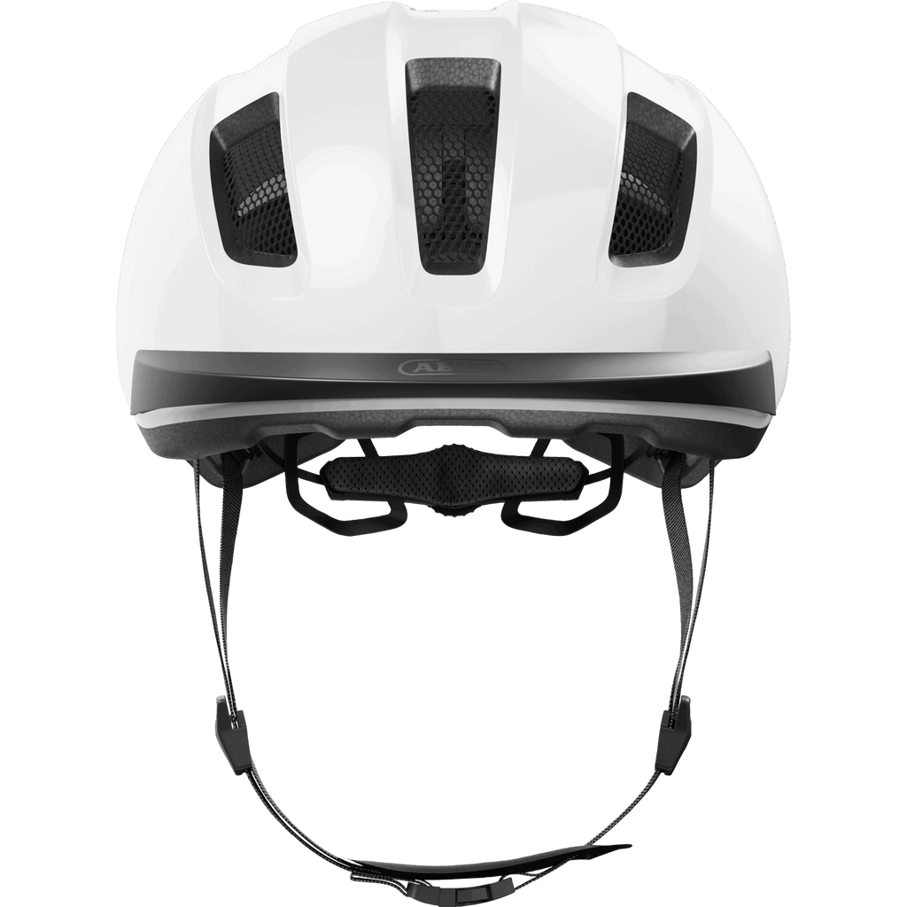 Vorderansicht des Abus - Purl-Y Fahrradhelms von Abus in weiß, mit schwarzen Belüftungslöchern, schwarzer Innenpolsterung, verstellbaren schwarzen Kinnriemen und einem Zopf-kompatiblen Design für hohen Tragekomfort.