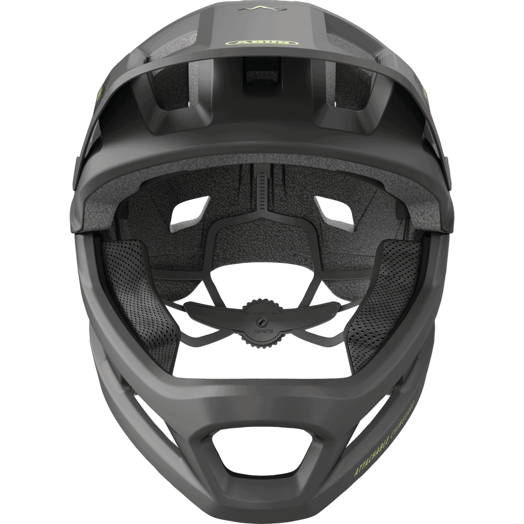 Frontansicht des Abus - Youdrop FF mattschwarzer MTB Fullface-Helm von Abus, mit Blick auf die Innenpolsterung, die Belüftungsöffnungen und die Struktur des abnehmbaren Kinnbügels.