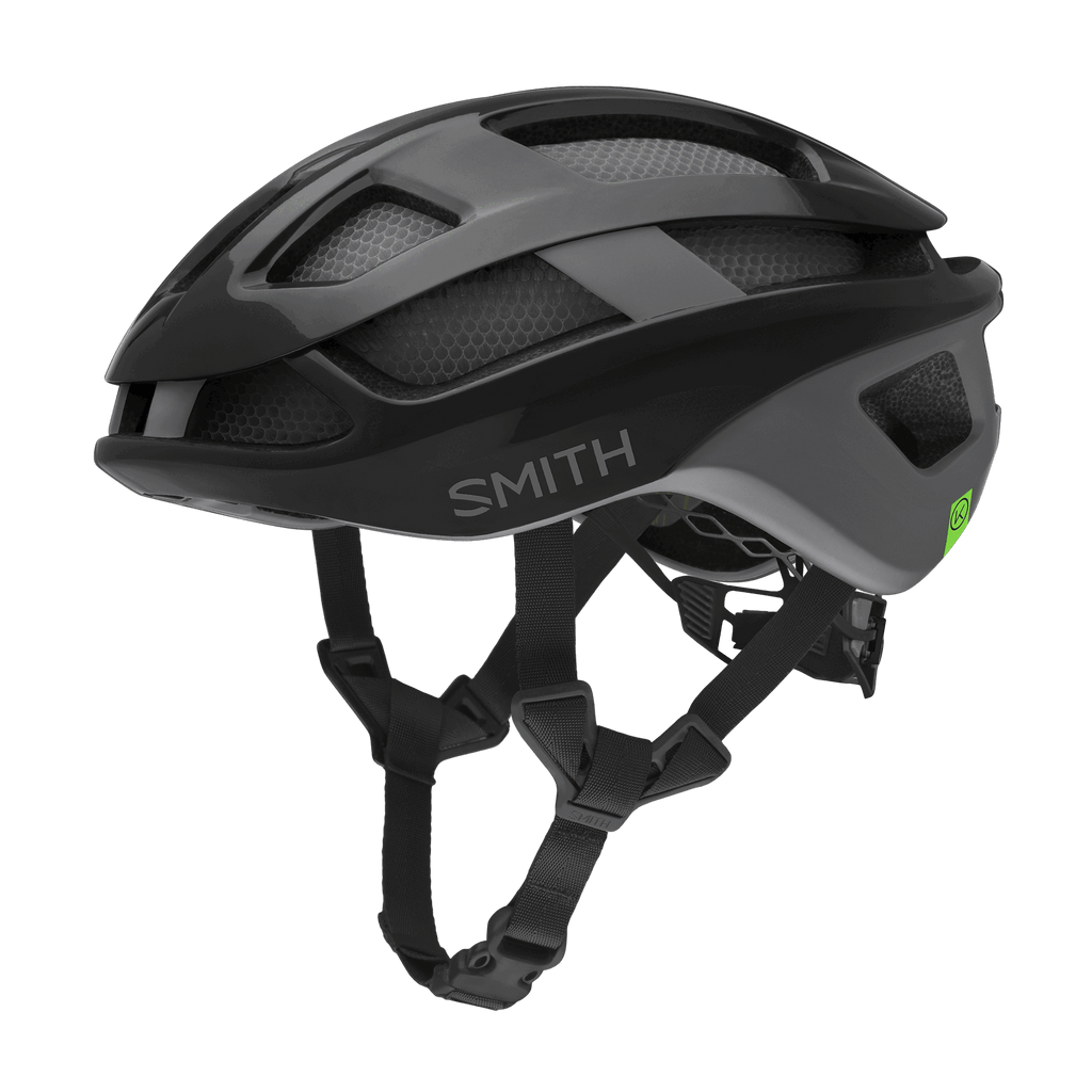 Gravel-Helm mit wabenförmigen Belüftungsöffnungen, MIPS®-Schutz, verstellbaren Riemen und "Smith"-Branding an der Seite.