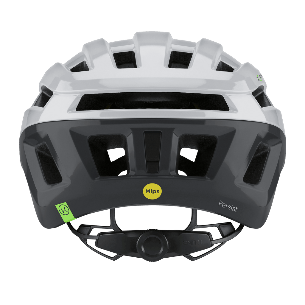 Eine Rückansicht des Smith - Persist Mips Fahrradhelms in Weiß und Schwarz mit großen Belüftungsöffnungen, einem verstellbaren Zifferblatt, einem MIPS®-Sicherheitsaufkleber und "Persist" an der Seite.