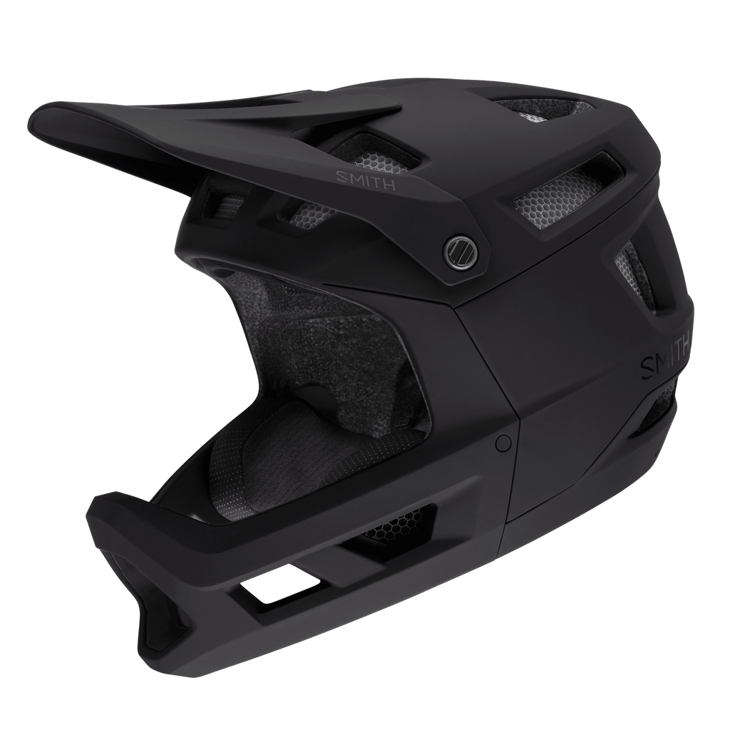 Der Smith - Mainline Mips ist ein mattschwarzer Enduro-Vollvisierhelm mit MIPS®, großen Belüftungsöffnungen, robustem Kinnschutz und Visier, abgebildet auf schwarzem Hintergrund.