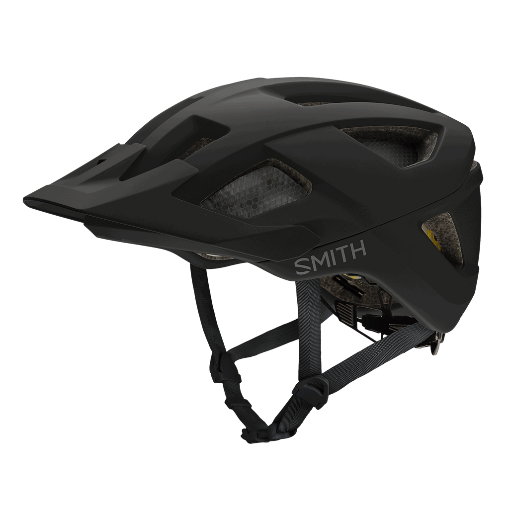 Der Smith - Session Mips ist ein mattschwarzer MTB-Helm mit großen Belüftungsöffnungen, einem Visier und verstellbaren Riemen. Der Schriftzug "SMITH" ist in Weiß auf der Seite aufgedruckt. Er hat eine schützende Polsterung, MIPS-Technologie und eine strukturierte Innenunterstützung.