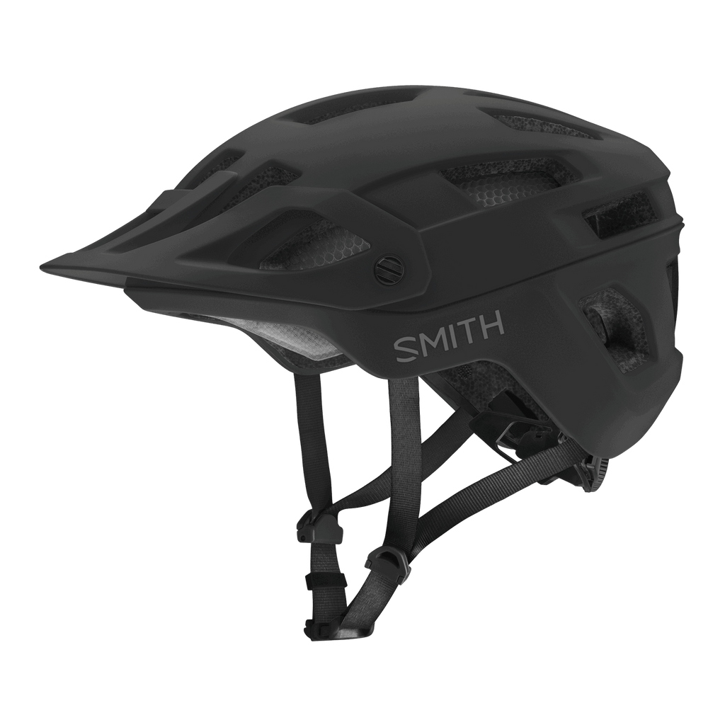 Der Smith - Engage Mips, ein mattschwarzer Helm von Smith, verfügt über MIPS®, ein Visier, AirEvac™-Belüftungsöffnungen und einen verstellbaren Kinnriemen, der vor einem dunklen Hintergrund steht.