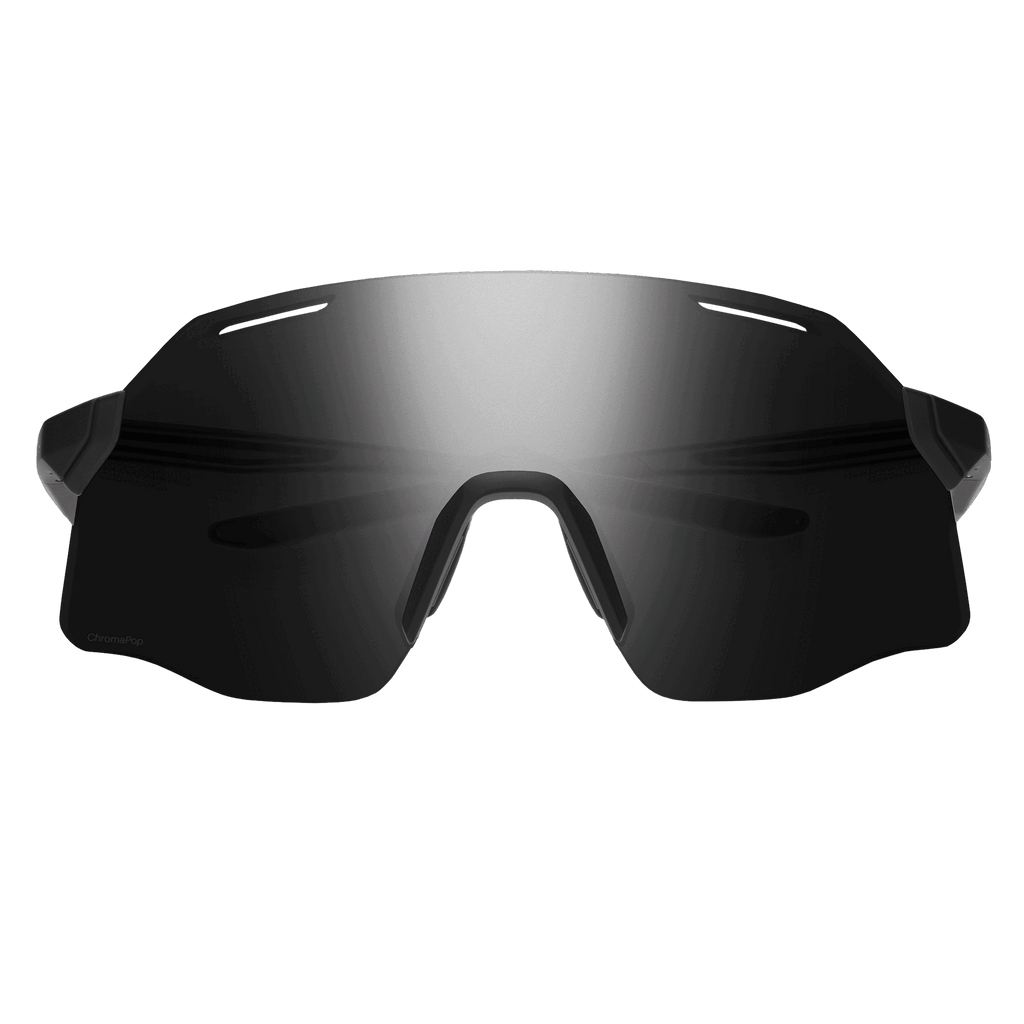 Die Smith Vert by Smith ist eine elegante, futuristische schwarze Sportsonnenbrille mit einem einzelnen verspiegelten ChromaPop™-Glas und rahmenlosem Design, das sich vor einem dunkelgrauen Hintergrund abzeichnet.