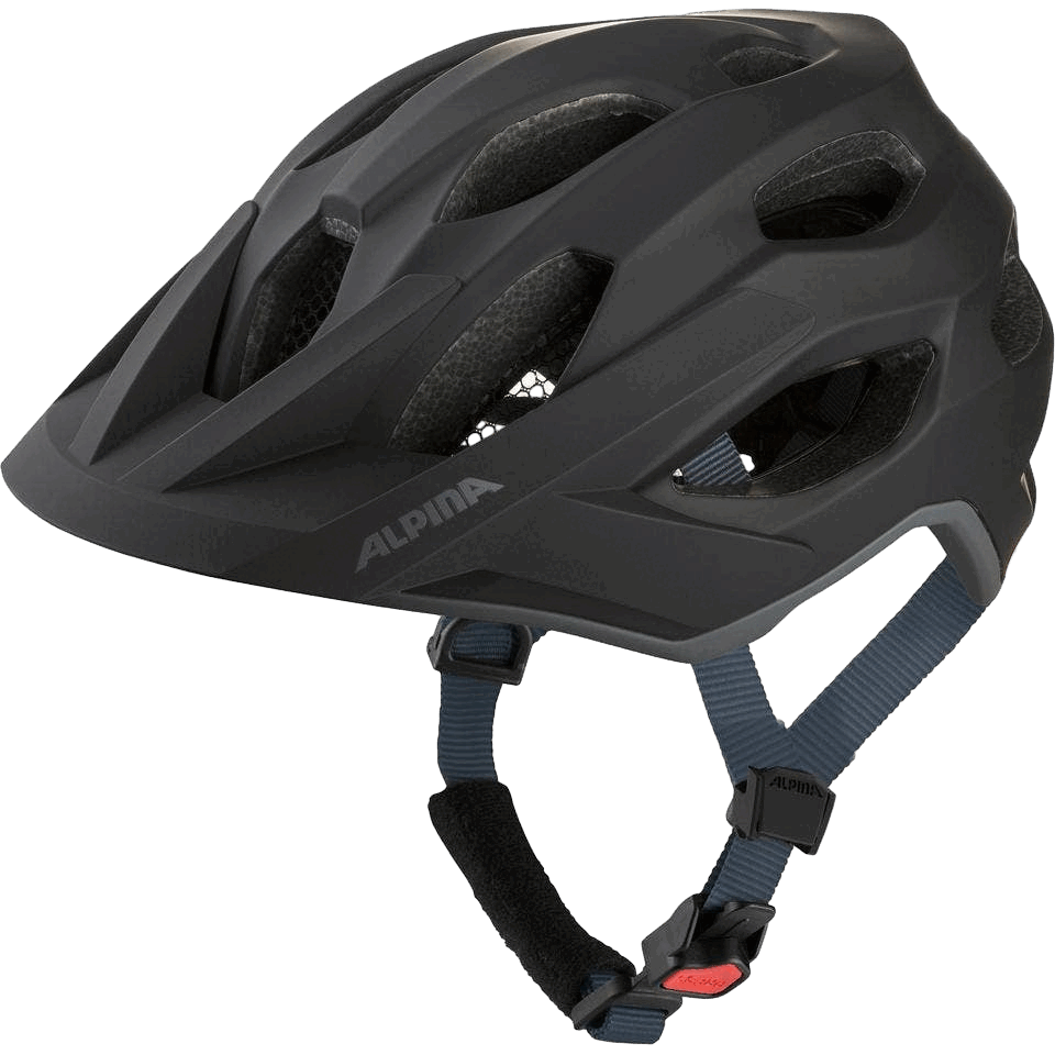 Der Alpina Apax Mips Helm von Alpina hat ein schwarzes Design mit mehreren Belüftungsöffnungen, eine robuste Außenschale, Inmold Edge Protect und verstellbare blaue Kinnriemen mit roter Schnalle.