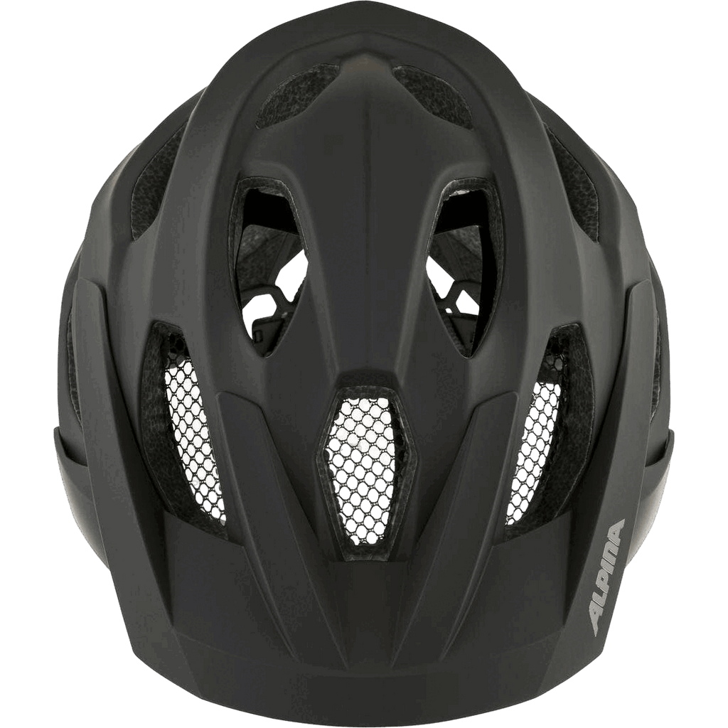 Der Alpina - Apax Mips ist ein schwarzer MTB-Allrounder-Helm mit zahlreichen Belüftungslöchern, Netzeinsätzen, Inmold Edge Protect für Strapazierfähigkeit und dem "ALPINA"-Logo, das von vorne gesehen unten rechts zu sehen ist.