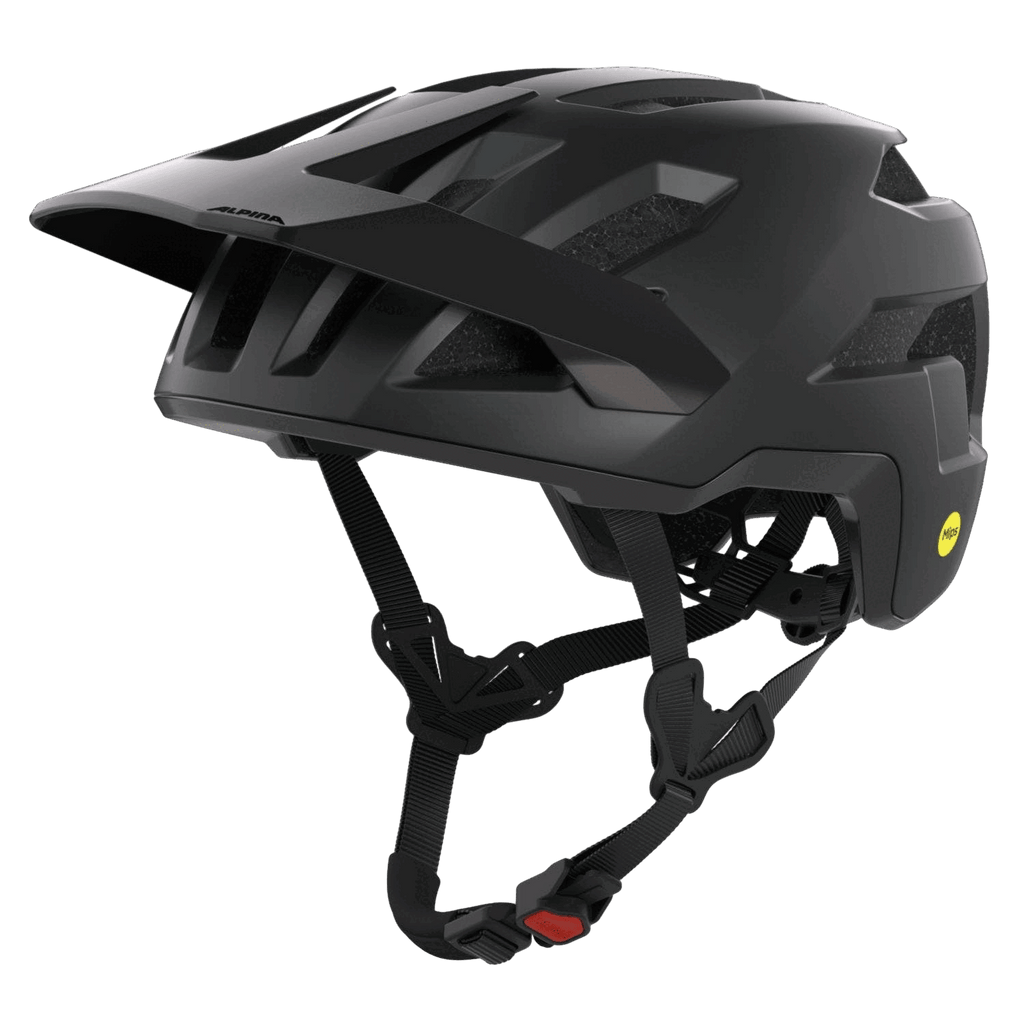Der Alpina - Taunus Mips von Alpina ist ein mattschwarzer MTB-Helm mit Visier, mehreren Belüftungsöffnungen, einer strapazierfähigen Ceramic Shell und verstellbaren Kinnriemen, abgebildet vor einem grauen Hintergrund.