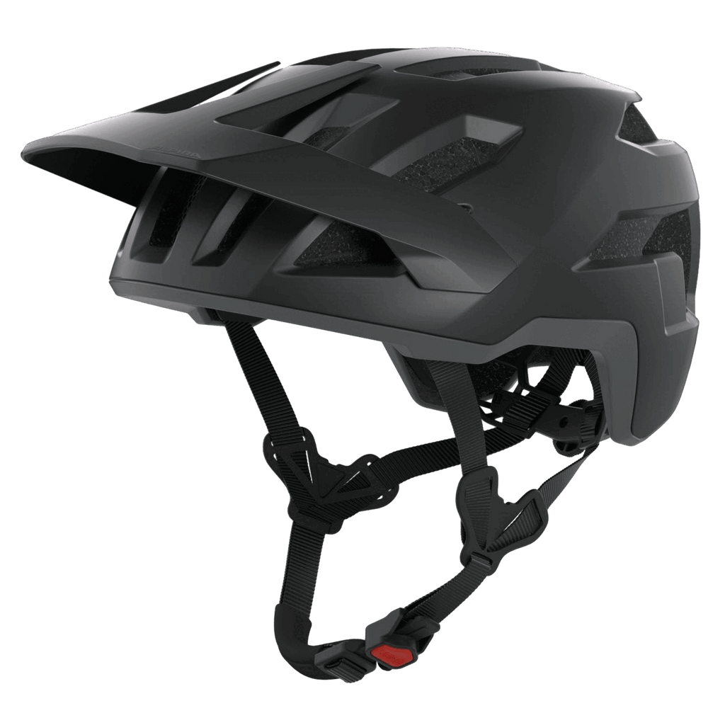 Der Alpina - Taunus MTB-Helm von Alpina in mattem Schwarz verfügt über mehrere Belüftungsöffnungen, ein verstellbares Visier und einen Kinnriemen mit roter Schnalle - ideal für Touren oder raue Trails - auf grauem Hintergrund.