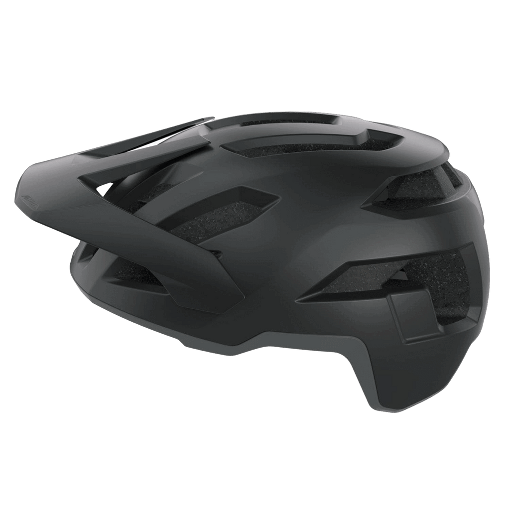 Der Alpina Taunus ist ein mattschwarzer MTB-Helm mit mehreren Belüftungsöffnungen, kantigem Design und Frontvisier - hier in der Seitenansicht vor grauem Hintergrund - perfekt für Touren und Trails.