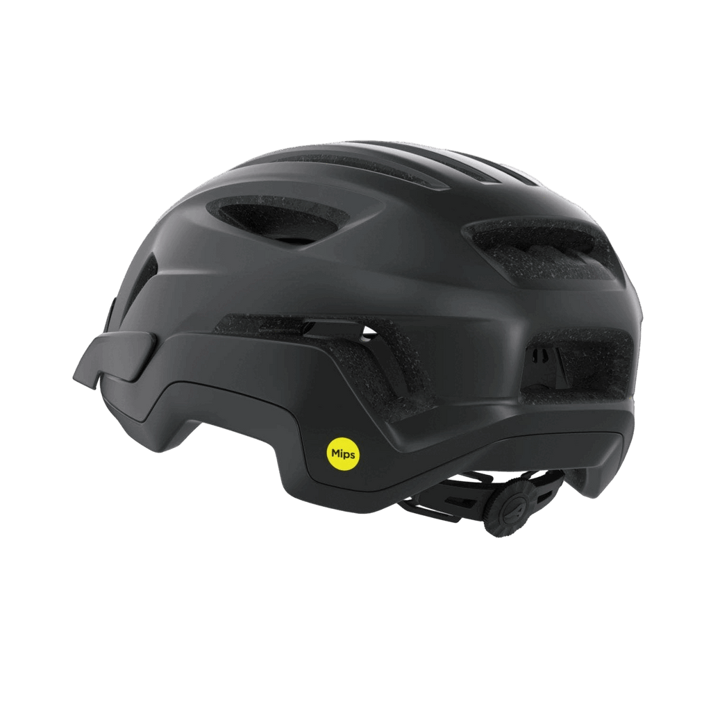 Der Alpina Paranus Mips Fahrradhelm hat ein schwarzes Design mit mehreren Belüftungsöffnungen, einem gelben MIPS-Sicherheitslogo an der Seite und einem verstellbaren hinteren Einstellrad für einen sicheren Sitz - perfekt für Trekking- und Langstreckenfahrten.