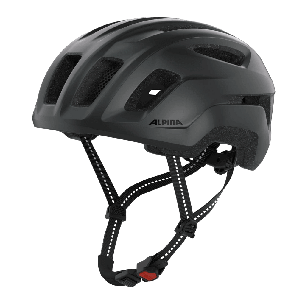 Der Alpina Paranus Urban Helm von Alpina verfügt über eine mattschwarze Hartschale, mehrere Belüftungsöffnungen, verstellbare Riemen und eine rote Schnalle, die vor einem schlichten grauen Hintergrund zu sehen ist.