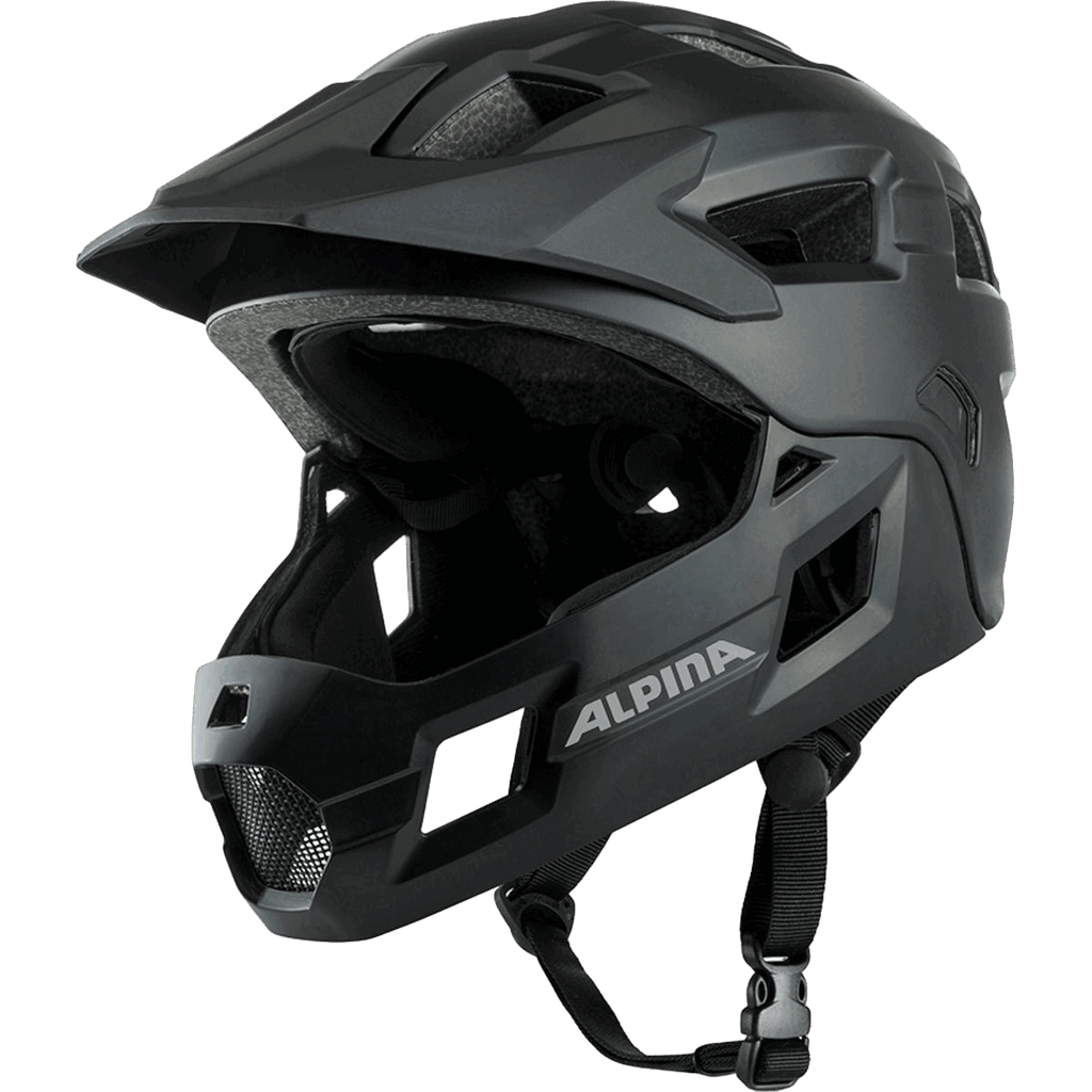 Der Alpina Rupi ist ein mattschwarzer Fullface-Schutz-Mountainbikehelm für Kinder mit Visier, mehreren Belüftungsöffnungen, abnehmbarem Kinnschutz, seitlichem ALPINA"-Schriftzug und verstellbarem schwarzen Kinnriemen.
