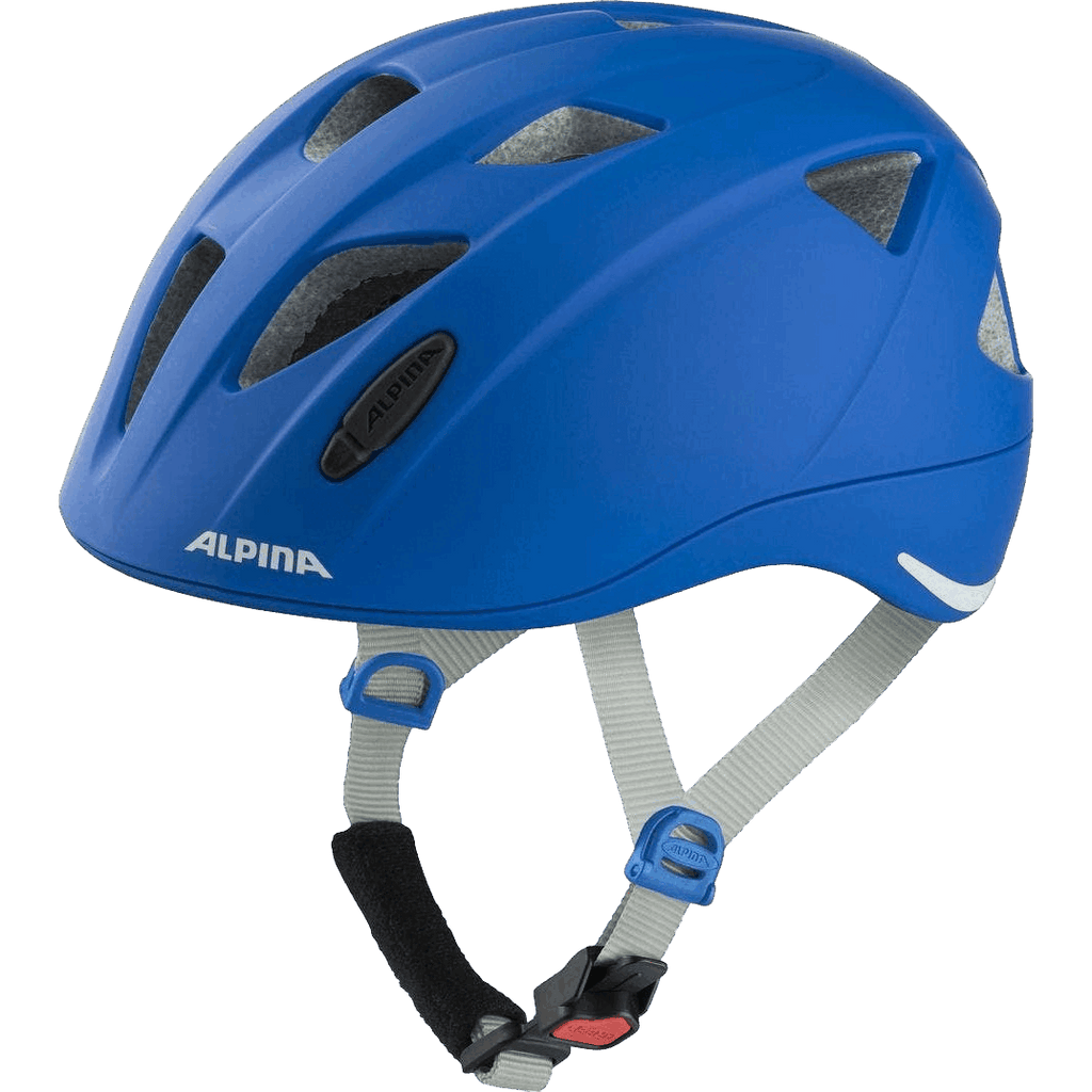 Der Alpina - Ximo L.E. Fahrradhelm verfügt über eine blaue Inmold-Konstruktion, graue Schaumstoffpolsterung, mehrere Belüftungsschlitze, einen Kinnriemen und eine schwarz-rote Schnalle für optimalen Schutz.
