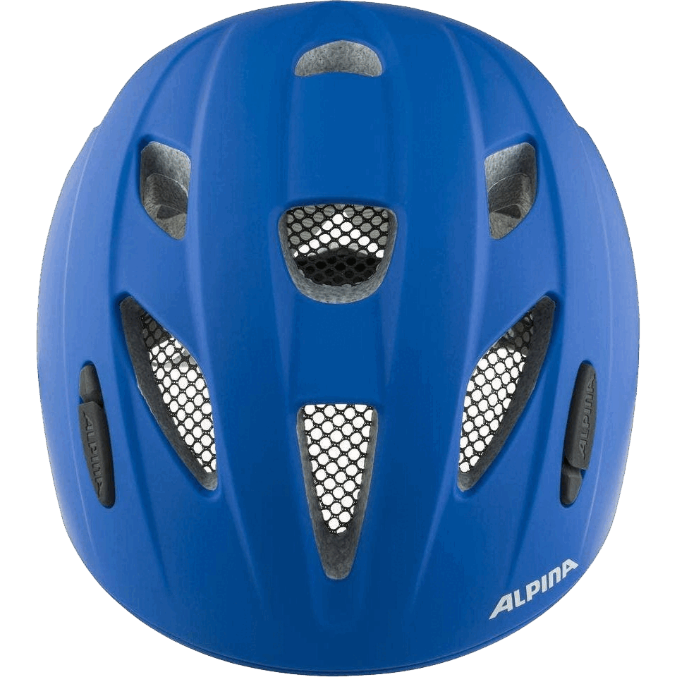 Der Alpina - Ximo L.E. ist ein blauer Inmold-Fahrradhelm mit schwarzen Mesh-Belüftungslöchern und weißem Schriftzug "ALPINA" an der Seite und bietet optimalen Schutz für junge Fahrer.