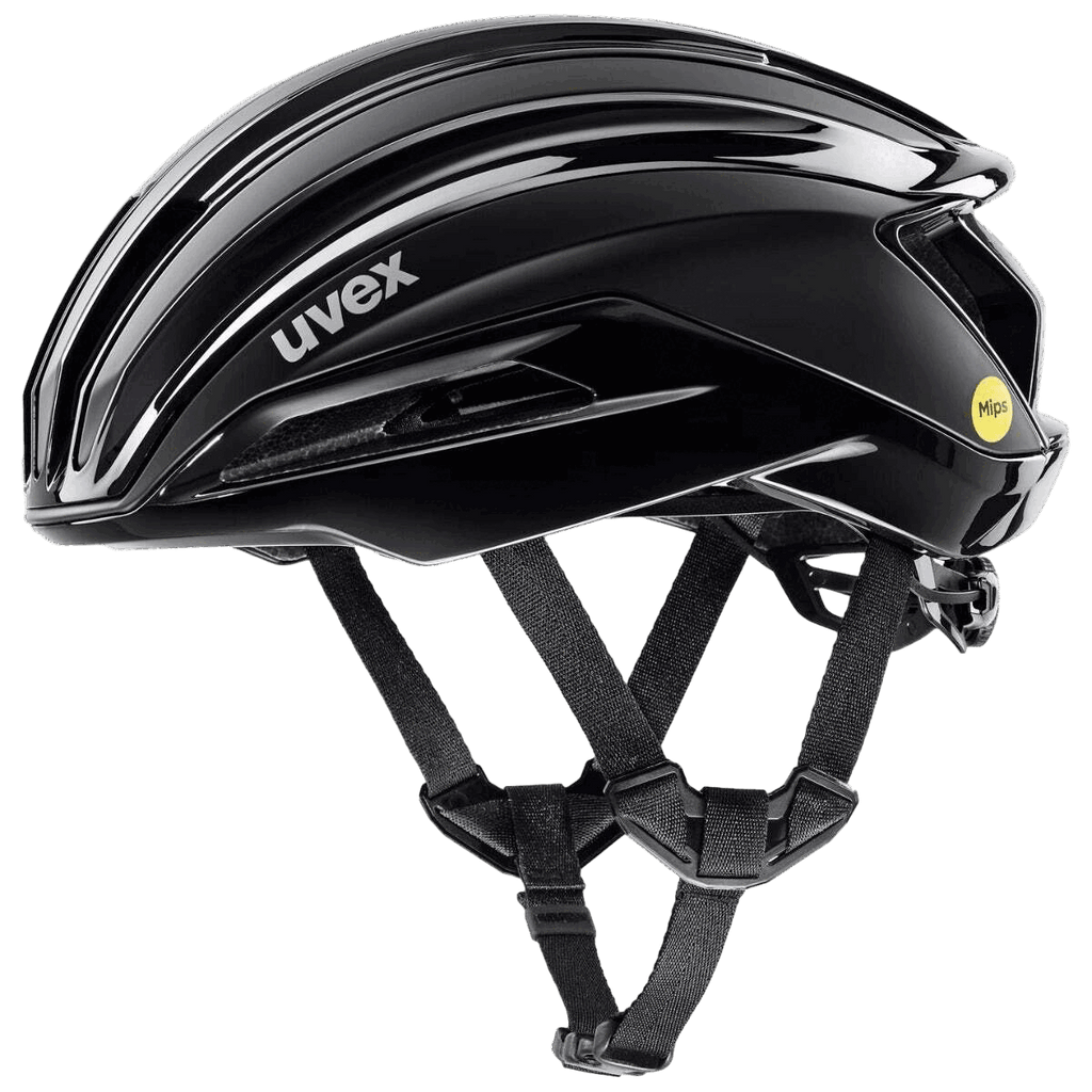 Der Uvex - Surge Aero Mips ist ein glänzender schwarzer Fahrradhelm mit aerodynamischen Belüftungsöffnungen, einem gelben MIPS-Sicherheitsaufkleber und verstellbaren schwarzen Riemen zur sicheren Befestigung.