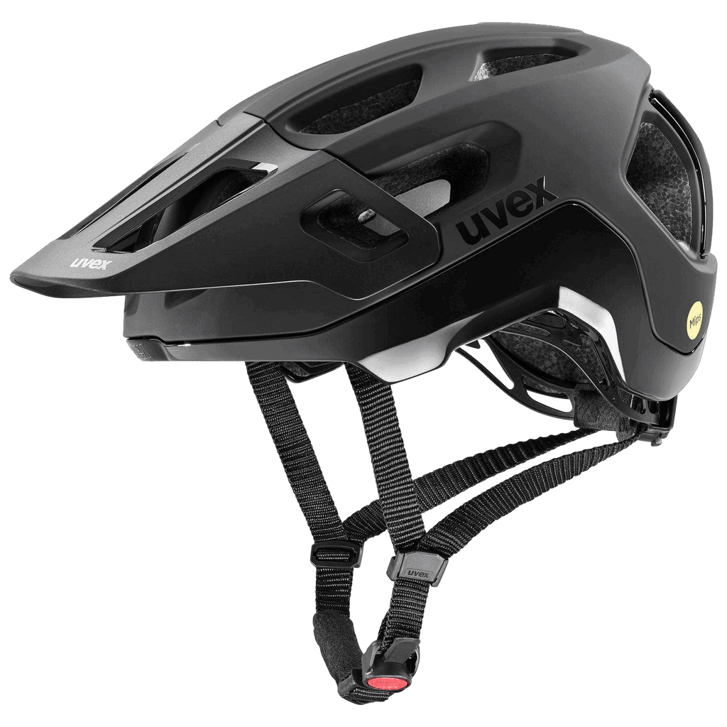 Der Uvex React Mips von Uvex ist ein schwarzer MTB-Helm mit mehreren Belüftungsöffnungen, Visier, verstellbaren Riemen, MIPS-Sicherheitstechnologie und einem schlanken, aerodynamischen Design - idealer Schutz für's Gelände.