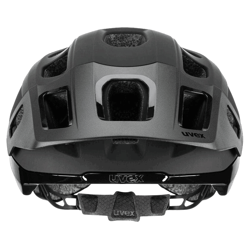 Eine Rückansicht des schwarzen Uvex - React Mips MTB-Helms mit mehreren Belüftungsöffnungen und dem "Uvex"-Logo auf dem Rückengurt und der Schale - ein stylischer Helm für den Schutz im Gelände.