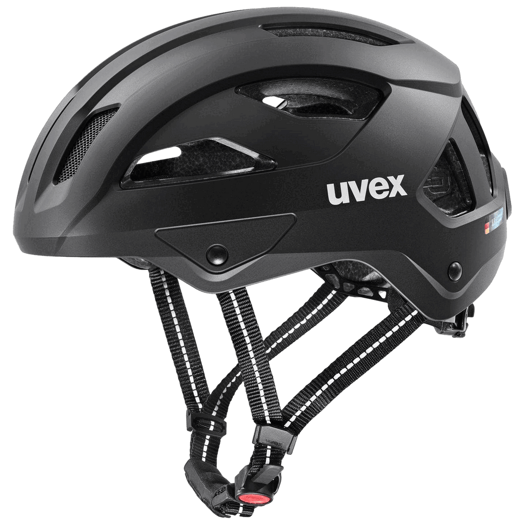 Der Uvex City Stride ist ein mattschwarzer Fahrradhelm mit Belüftungsschlitzen, verstellbaren Riemen, gepolsterter Innenausstattung, Reflektoren für bessere Sichtbarkeit und dem "uvex"-Logo in Weiß an der Seite.