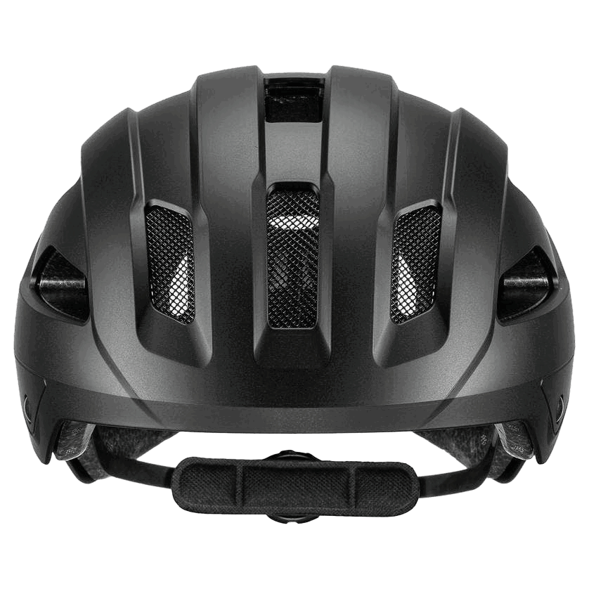 Der Uvex City Stride Helm von Uvex, hier in Schwarz von vorne, verfügt über mehrere netzbespannte Belüftungsschlitze, integrierte Reflektoren, einen Kinnriemen und ein schlankes, aerodynamisches Design.