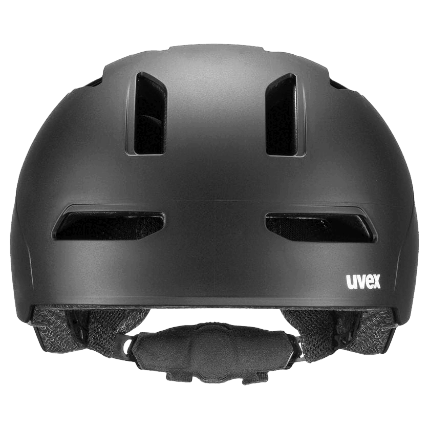 Der Uvex - Urban Planet LED Helm in mattem Schwarz verfügt über Belüftungslöcher und ein weißes "uvex"-Logo unten rechts auf der Front - ideal für umweltbewusstes Pendeln und nachhaltiges Reisen.