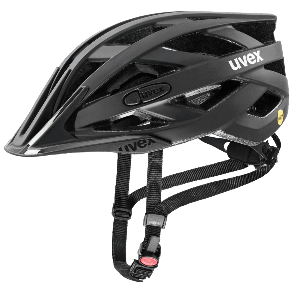 Der Uvex - i-vo cc Mips Fahrradhelm in Schwarz verfügt über mehrere Belüftungsöffnungen, verstellbare Riemen und eine sichere Schnalle, die vor einem transparenten Hintergrund angezeigt werden.