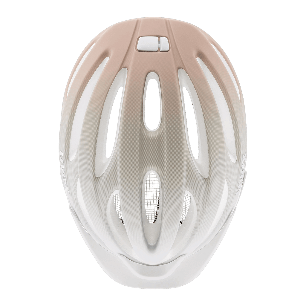 Draufsicht auf den Uvex - True cc Helm von Uvex mit verlängerten Belüftungsschlitzen, Mesh über einer zentralen Belüftungsöffnung und einem verstellbaren Design. Abgebildet auf einfarbig weißem Hintergrund.