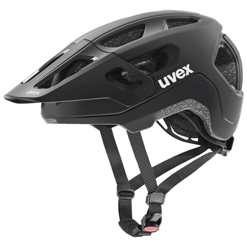 Der Uvex React Jr. ist ein schwarzer MTB-Helm mit mehreren Belüftungslöchern, einem verstellbaren 3D IAS 3.0-System, Inmould-Konstruktion und dem Uvex-Logo an der Seite.