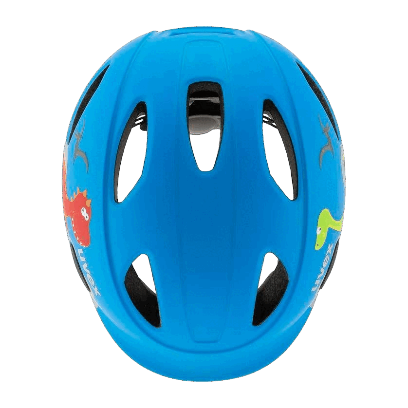 Der Uvex - Oyo Helm für Babys und Kleinkinder in Blau wird von oben gezeigt. Er hat große Belüftungslöcher und bunte Cartoon-Tiermotive wie einen roten Krebs und einen grünen Dinosaurier an den Seiten.